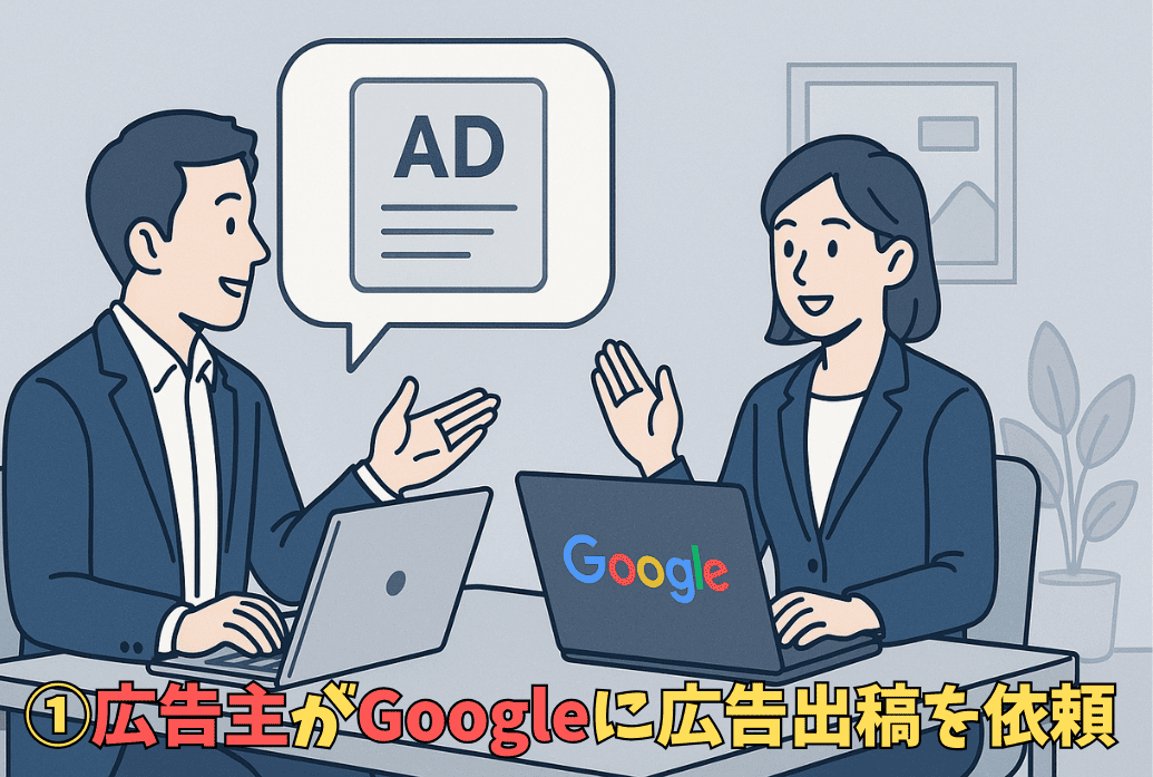 広告主がGoogleに広告出稿を依頼しているイラスト