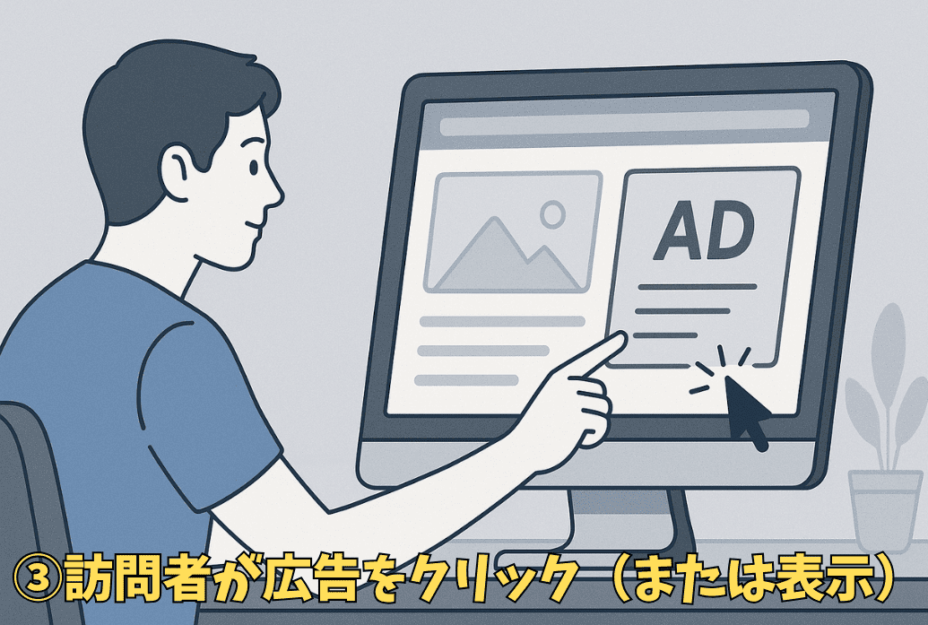 訪問者が広告をクリック（または表示）しているイラスト