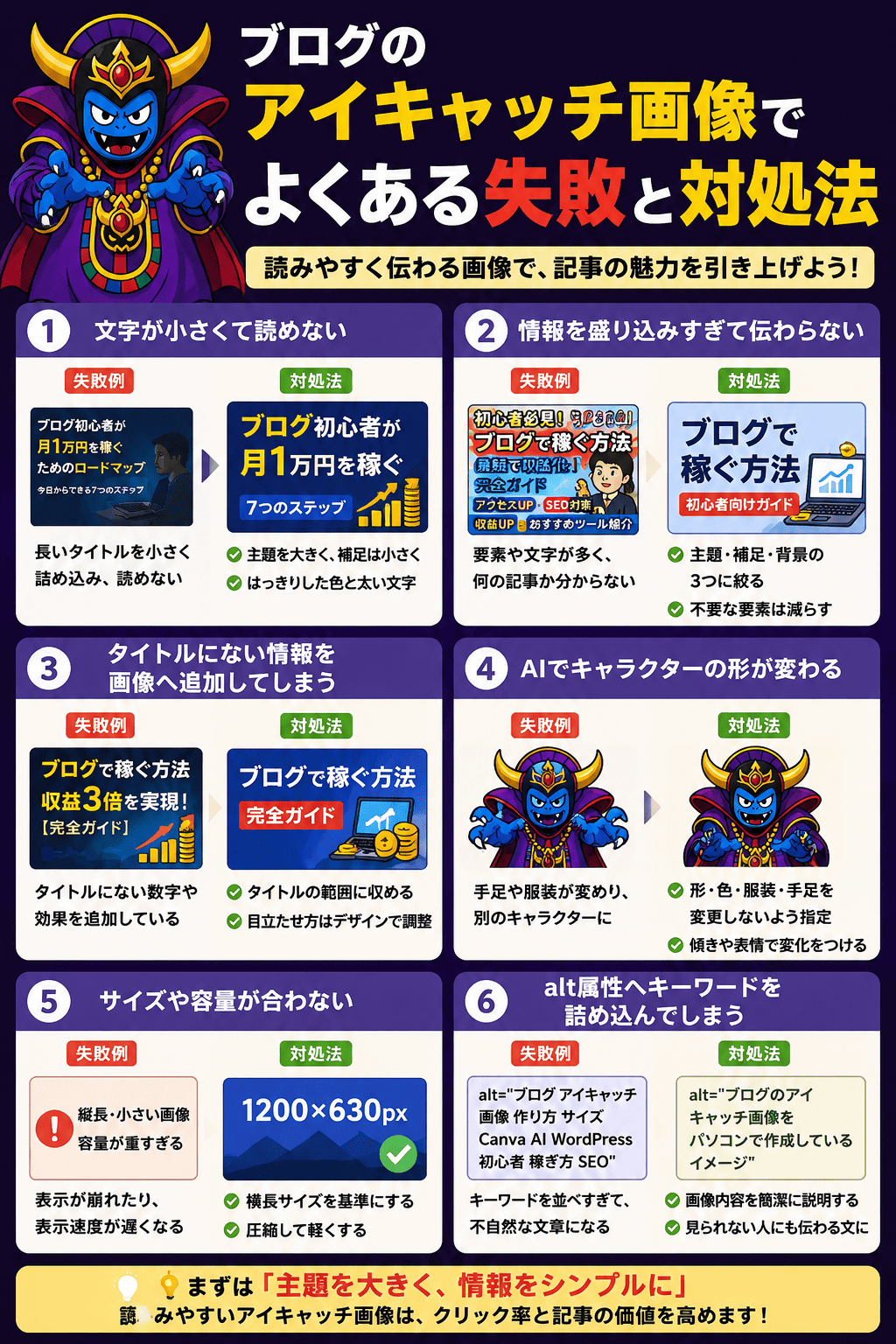 ブログのアイキャッチ画像でよくある失敗と対処法の説明図