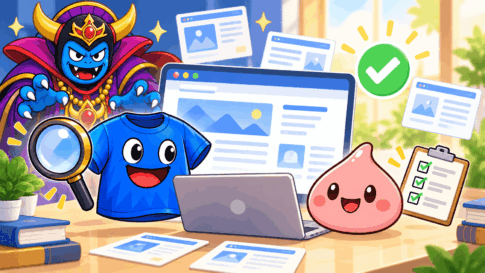 Google AdSense審査をイメージした、ライムス・スラ子・魔王によるサイト品質チェックのイラスト